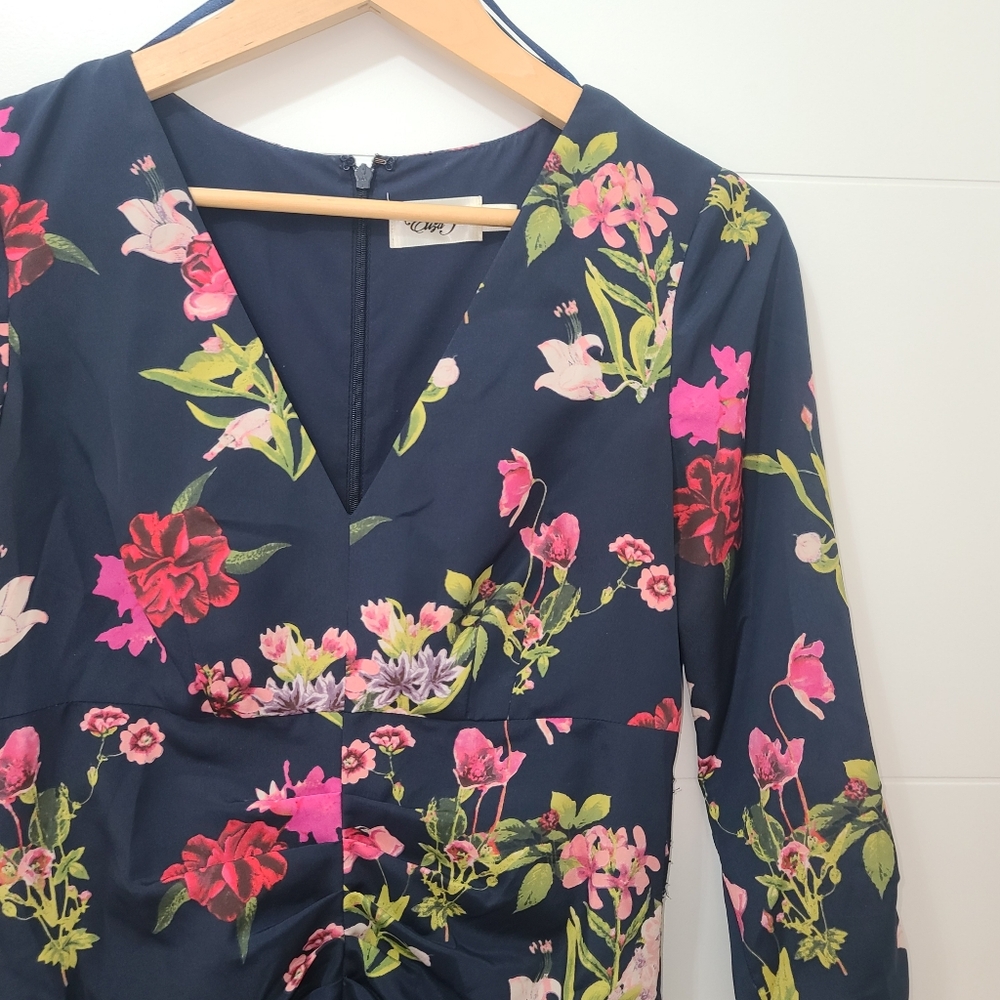 Eliza J Floral Navy Midi Cinched Dress Sz 6 EUC - Picture 3 of 10